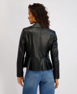 Women's Asymmetrical PU Peplum Moto Jacket with Quilting Details
