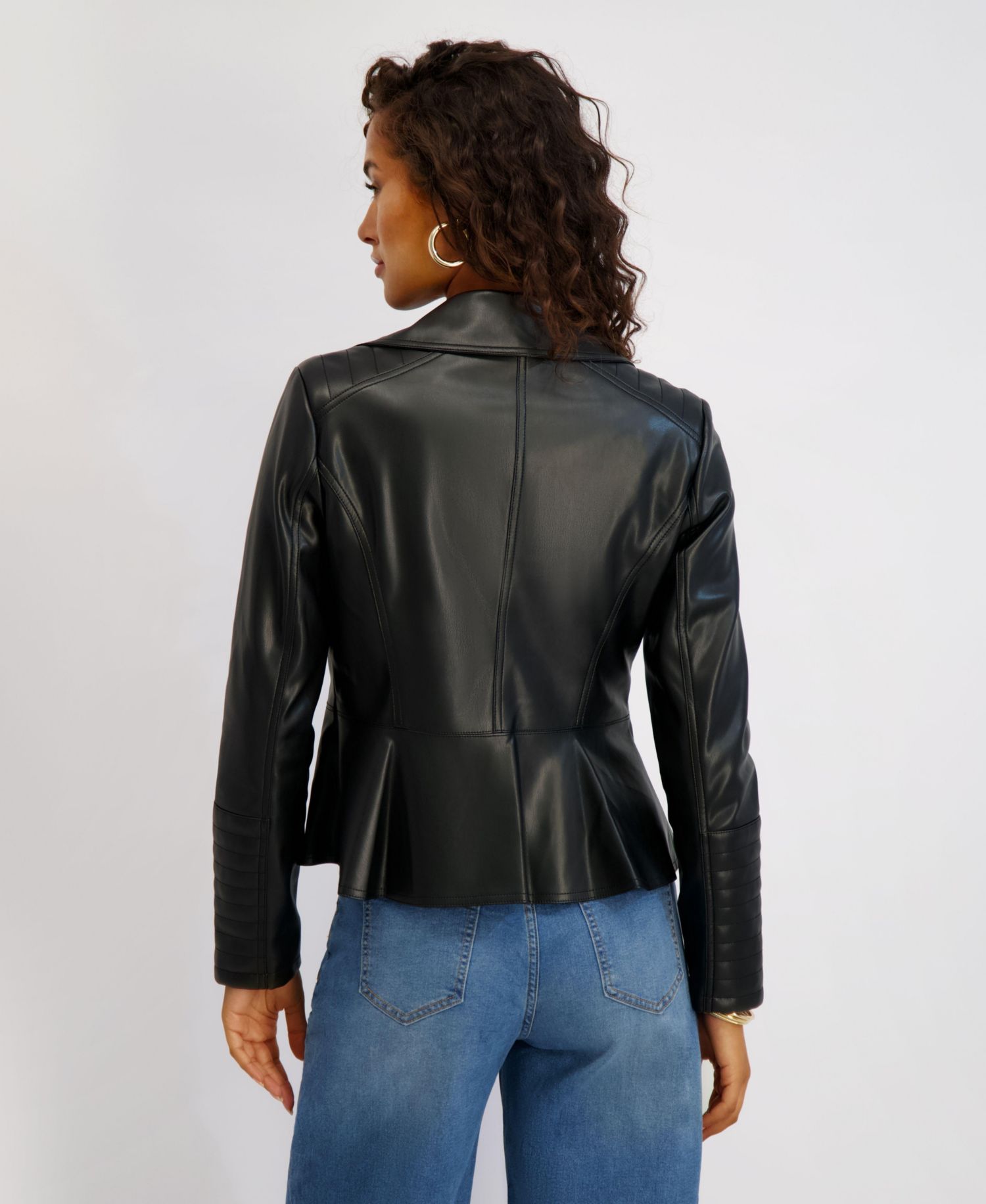 Women's Faux Leather Moto Jacket With Peplum and Quilted Details