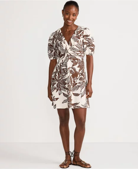 Petite Linen Above the Knee Puff Sleeve Dress - Vanilla/bark etched leaves
