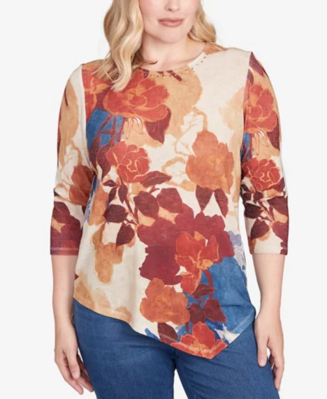Petite Sunset Canyon Dramatic Abstract Floral Asymmetrical Top - Spice Multi