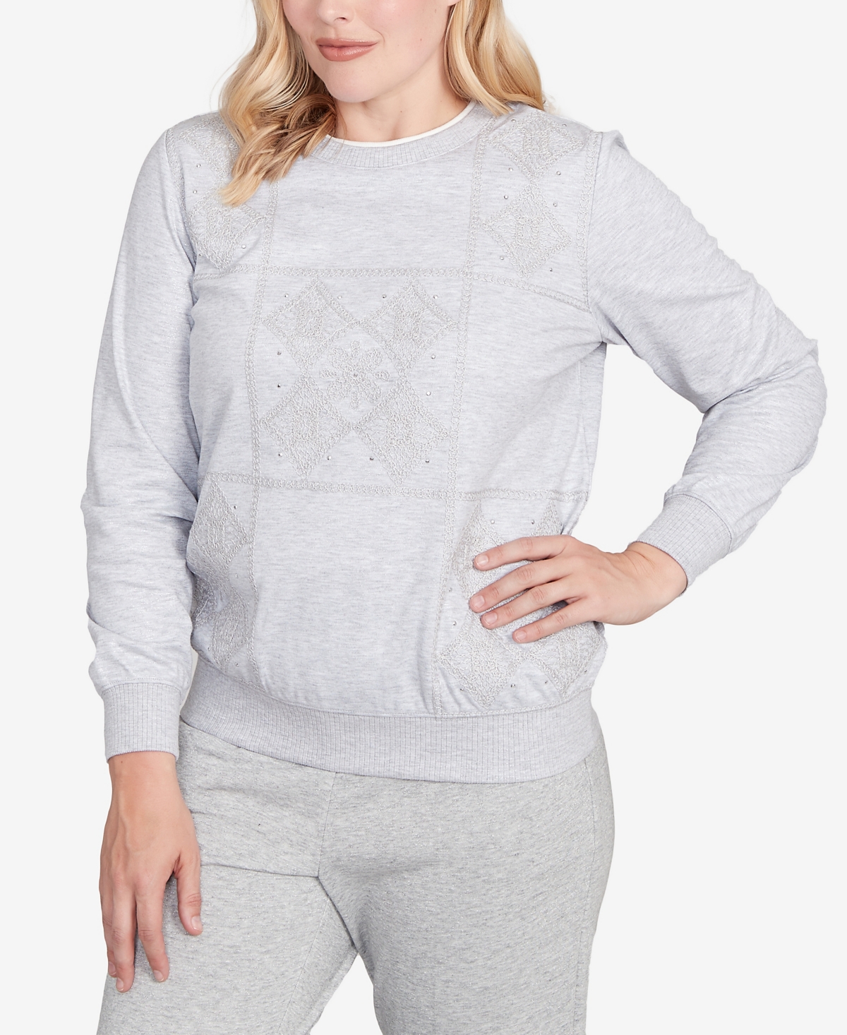 Alfred Dunner Petite Casual Vibe Embroidered Patchwork Long Sleeve Top In Blue