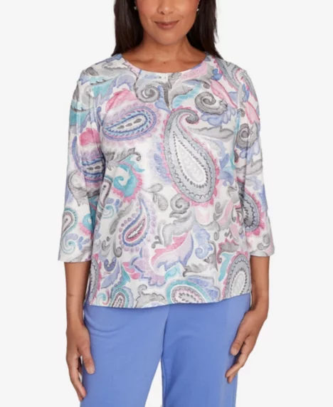Petite Casual Vibe Pleated Paisley Crew Neck Top - Grey Multi