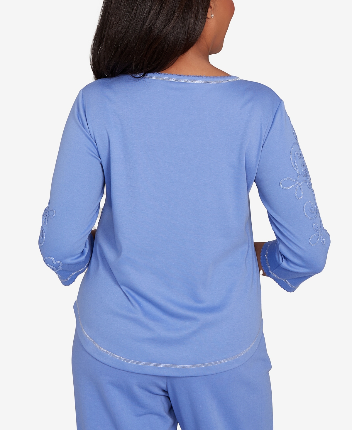 Alfred Dunner Petite Casual Vibe Asymmetrical Floral Embroidered Detail Top In Blue