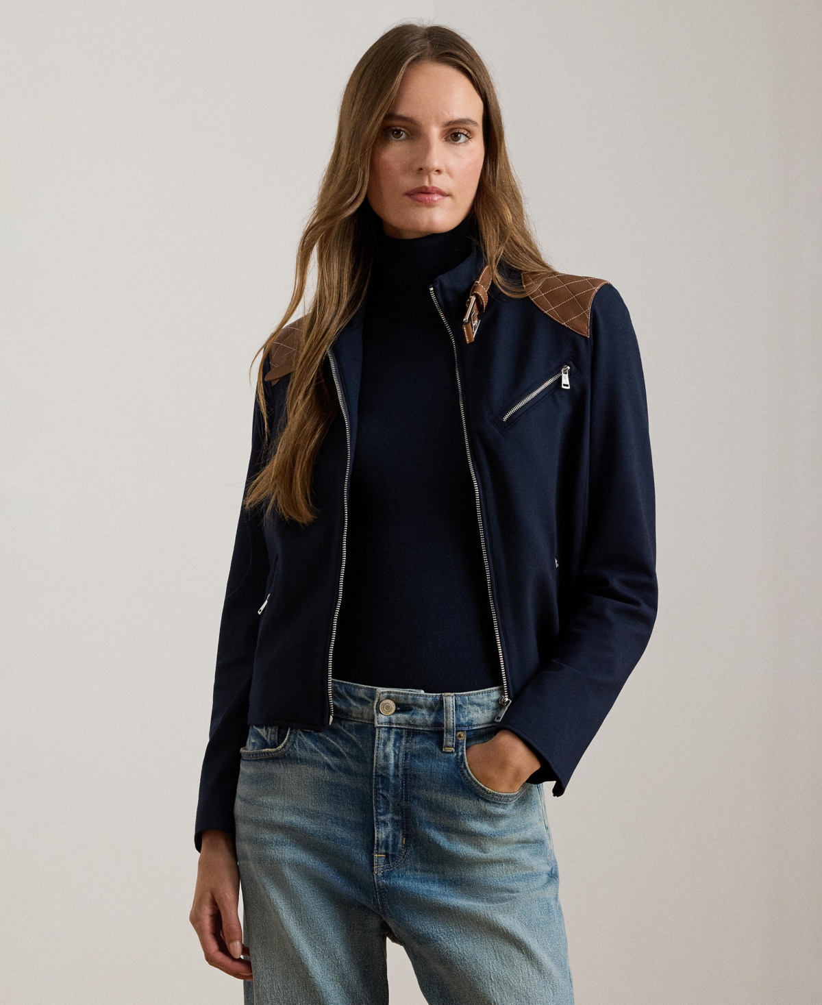 Ralph Lauren Women's Ponte Long Sleeve Moto Jacket In Blue