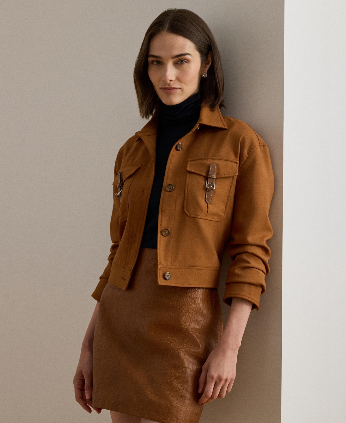 Ralph Lauren Buckle-trim Serge Cropped Jacket In Brown