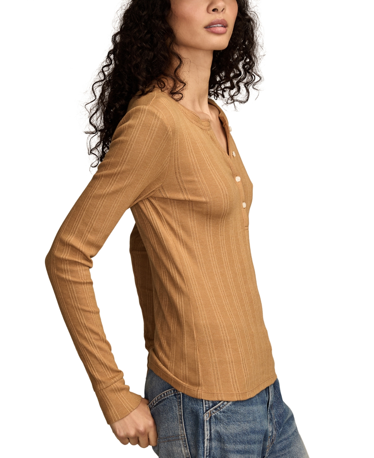Lucky Brand Women's Long Sleeve Rib Henley Top In Brown