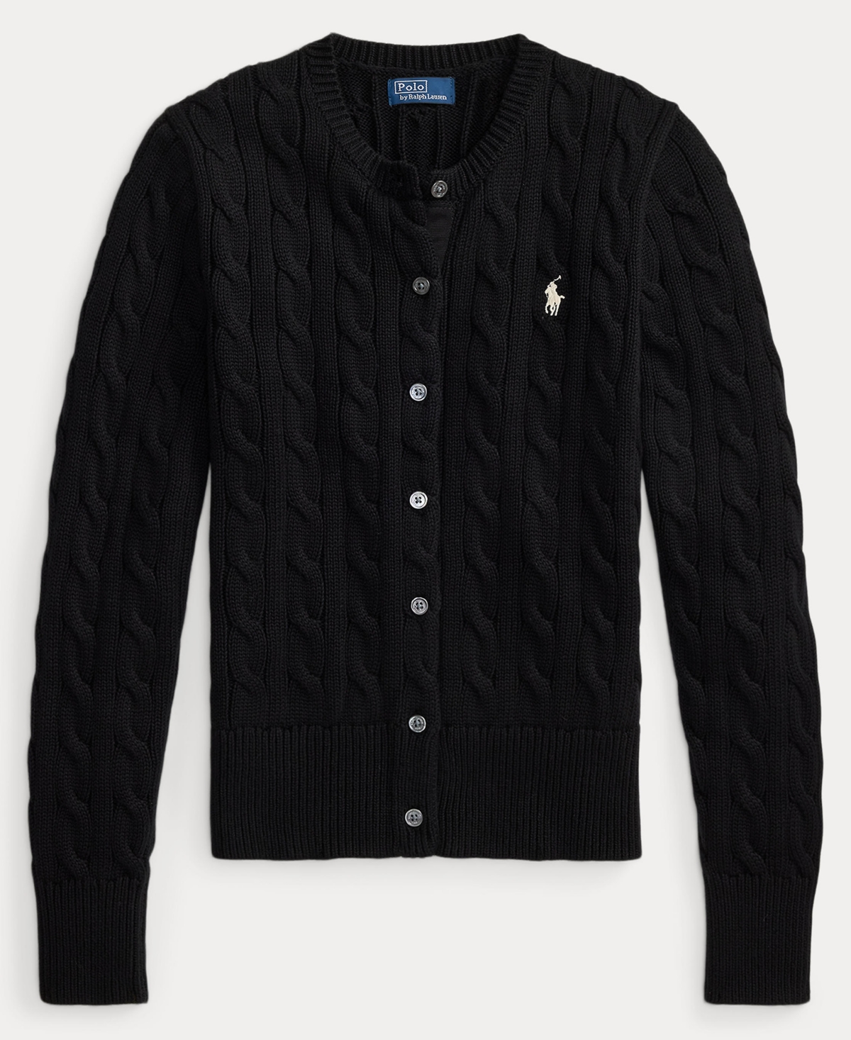 Polo Ralph Lauren Button-up Cable Knit Sweater-cardigan With Ribbed Detailing In Black