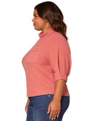Plus Size Pleated Elbow Sleeve Mock Neck Knit Top