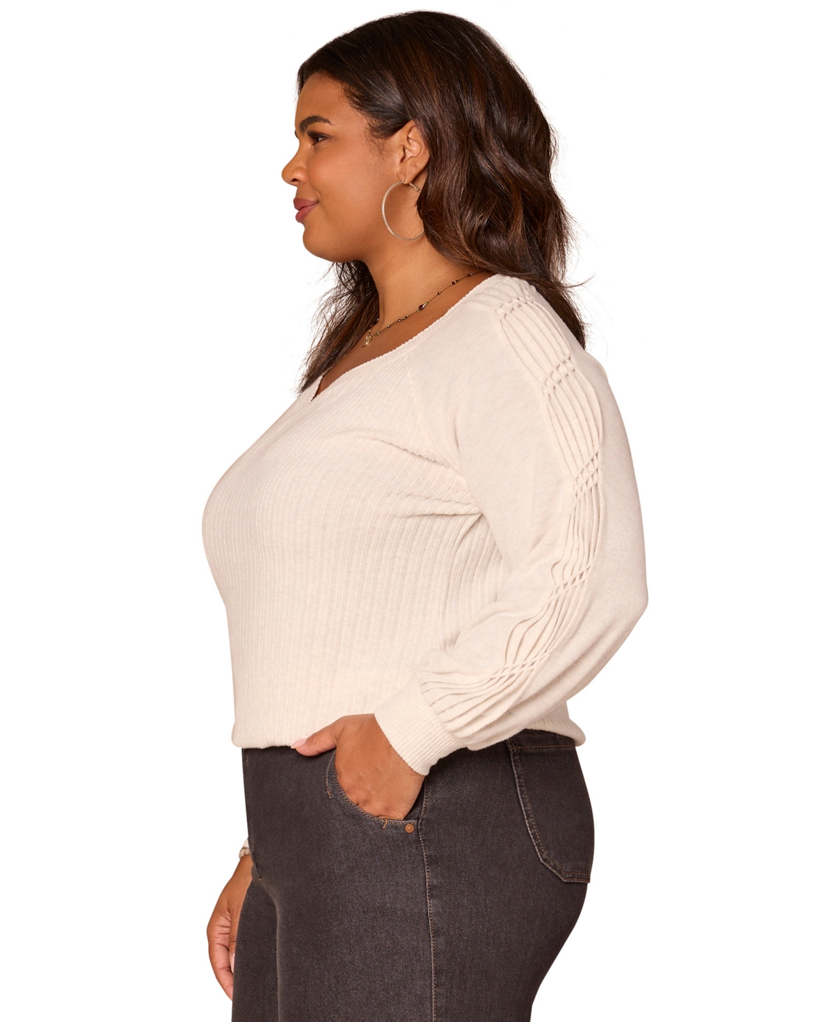 Democracy Plus Size Long Sleeve Cased Hem Knit Top In Pink