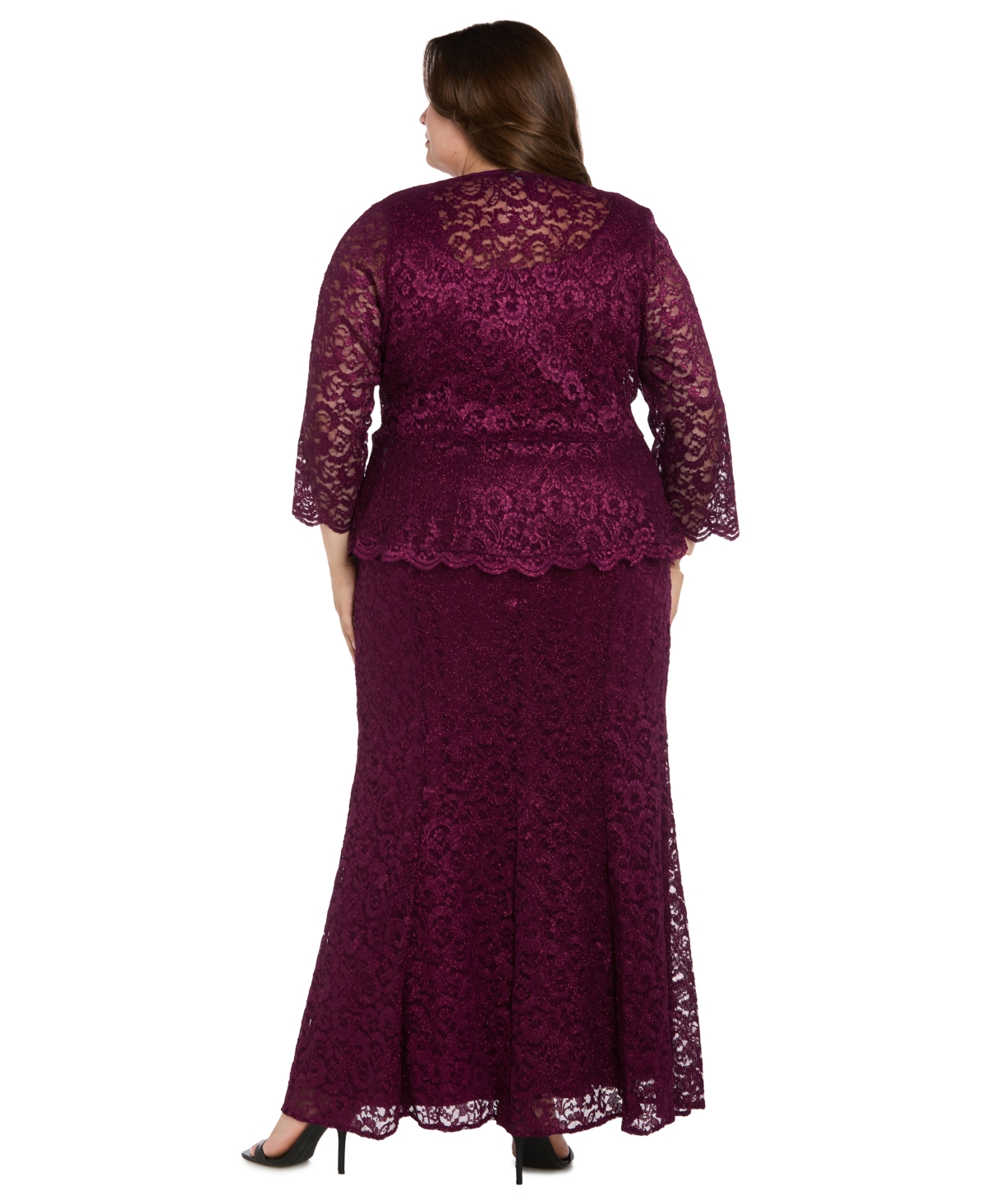 R & M Richards Plus Size Metallic Lace Jacket And Dress In Burgundy