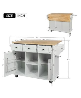 Kitchen Island Cart with Drop Leaf, Rubber Wood Top, 3 Drawers & Internal Racks, Rolling Storage on Wheels
