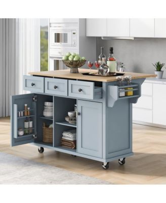 Kitchen Island Cart with Drop Leaf, Rubber Wood Top, 3 Drawers & Internal Racks, Rolling Storage on Wheels