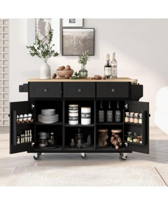 Kitchen Island Cart with Drop Leaf, Rubber Wood Top, 3 Drawers & Internal Racks, Rolling Storage on Wheels