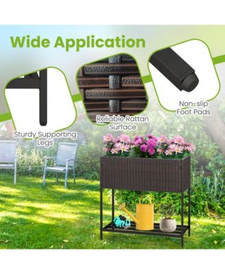 Elevated Planter Box Raised Garden Bed w/ Rattan Surface Bottom Storage Shelf