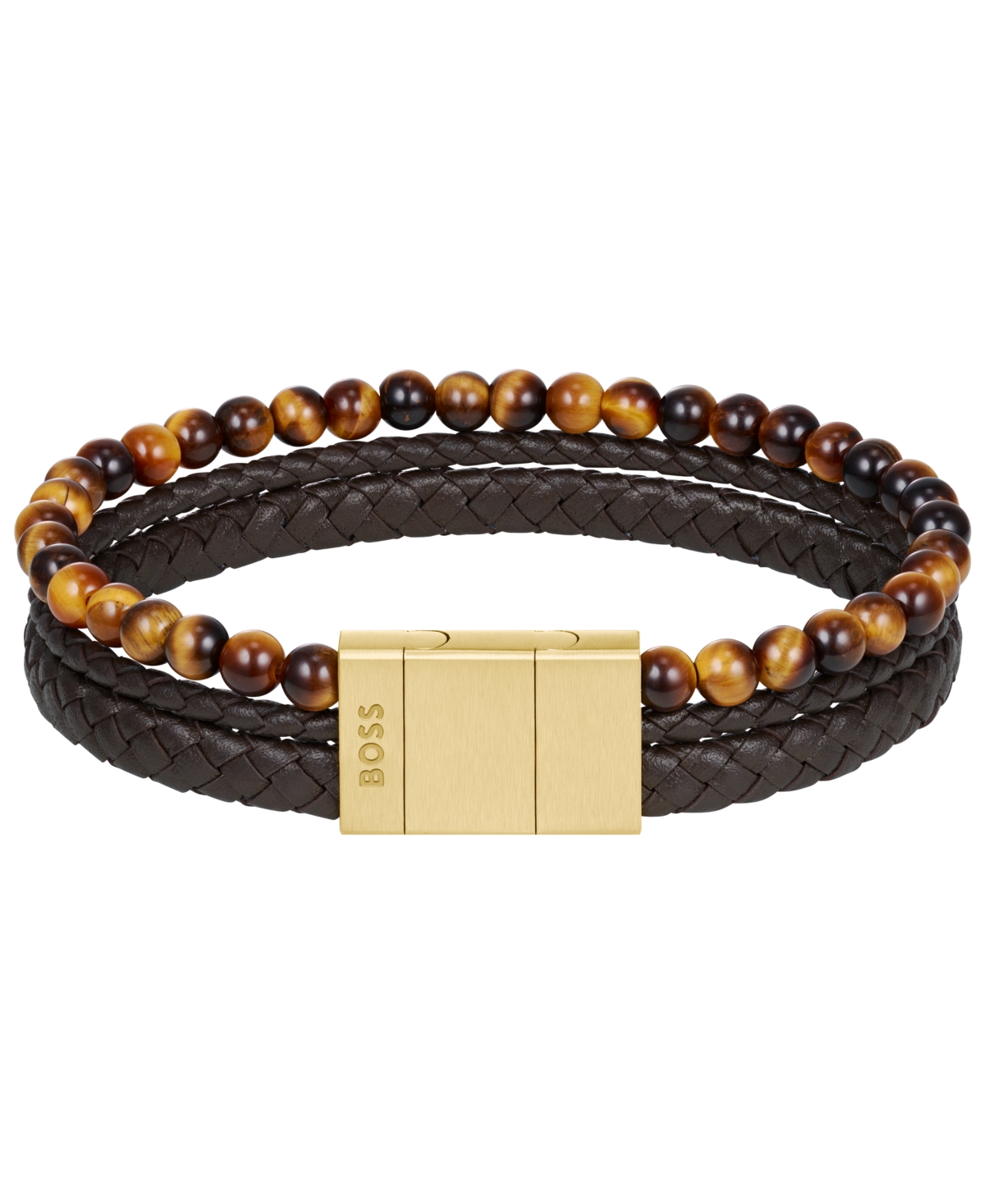 Hugo Boss Sphere Mixed Ionic Plated Brown Leather Yellow Tiger Bracelet In Brown
