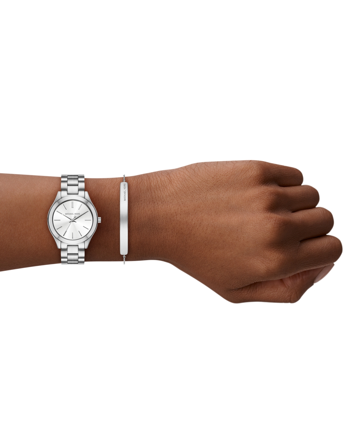 Michael Kors Women'sâ Slim Runway Three-hand Silver-tone Stainless Steel Watch And Jewelry Set, 32mm In Metallic