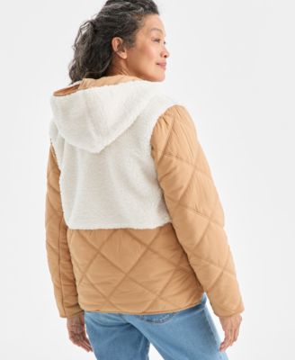 Petite Mixed Media Hooded Sherpa Jacket, Macy's Exclusive