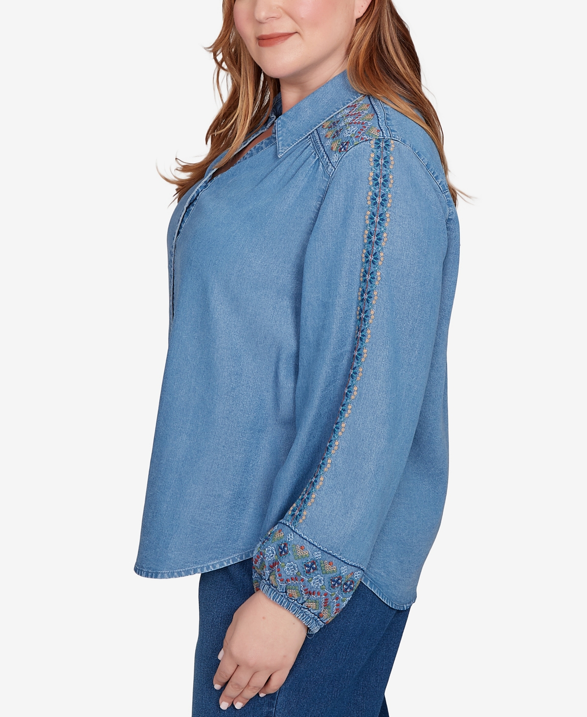 Alfred Dunner Plus Size Sunset Canyon Needlepoint Embroidered Button Front Top In Blue
