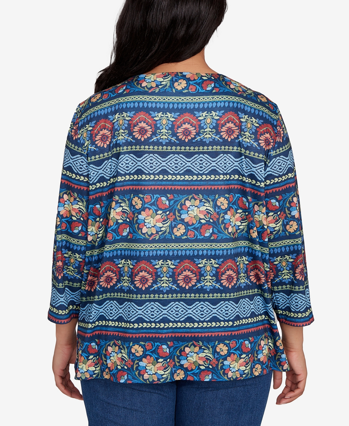 Alfred Dunner Plus Size Sunset Canyon Printed Sleeve Floral Embroidered Top In Blue