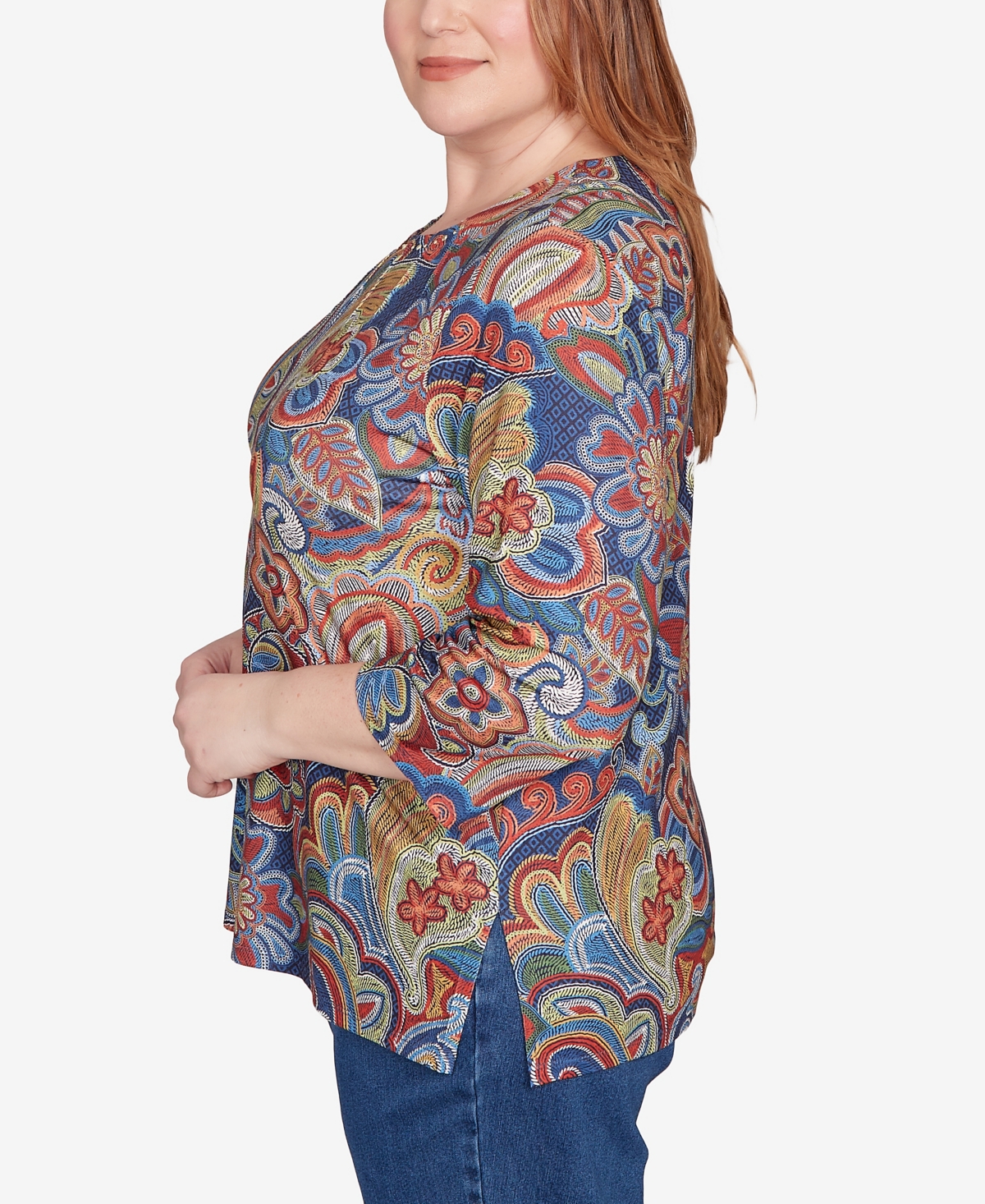 Alfred Dunner Plus Size Sunset Canyon Stitched Floral Pleated Neck Top In Animal Print