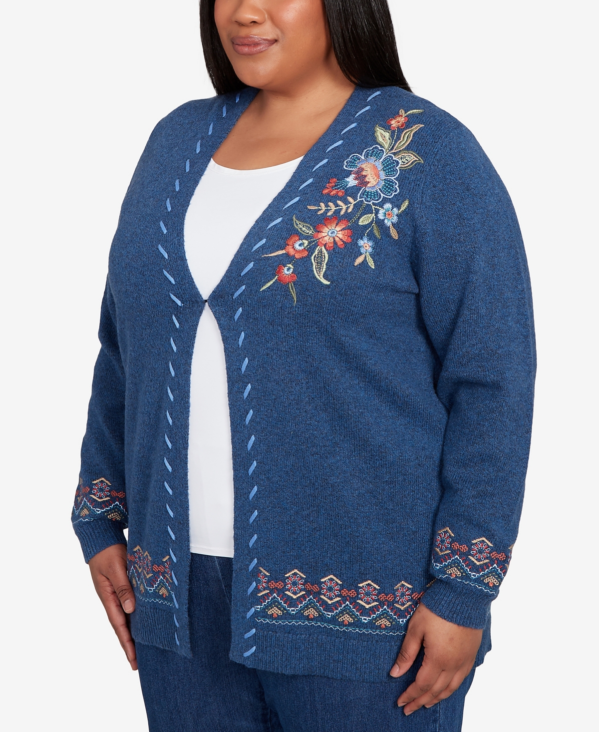 Alfred Dunner Plus Size Sunset Canyon Embroidered Flower Long Sleeve Cardigan Sweater In Blue