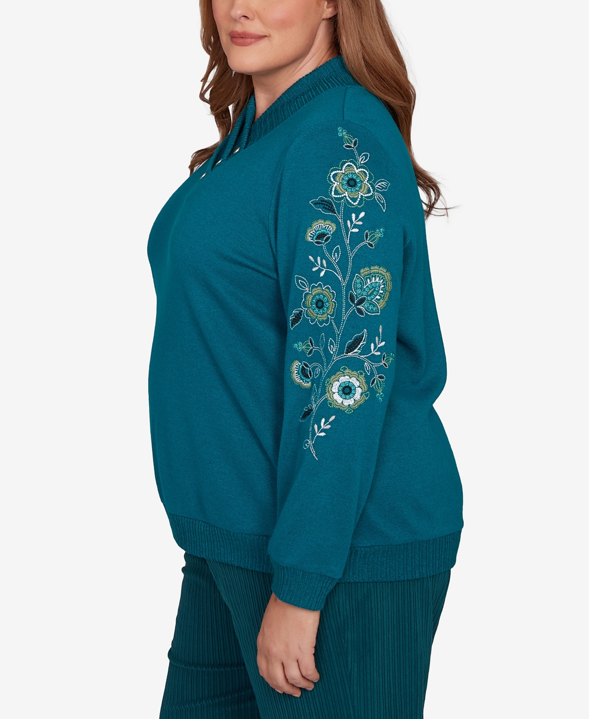 Alfred Dunner Plus Size Lake Champlain Embroidered Sleeve Button Detail Top In Blue