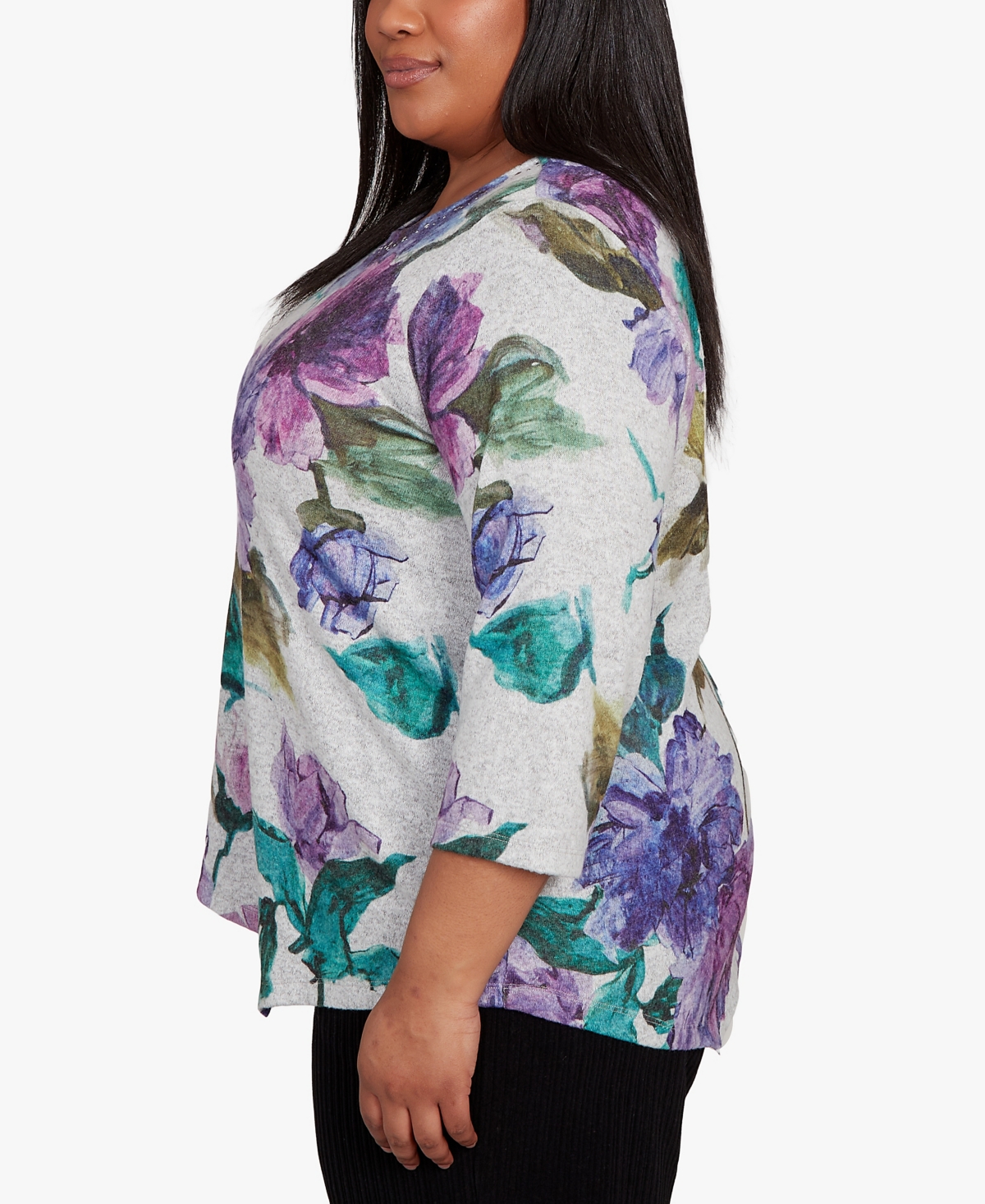 Alfred Dunner Plus Size Lake Champlain Asymmetrical Watercolor Flower Top In Multi