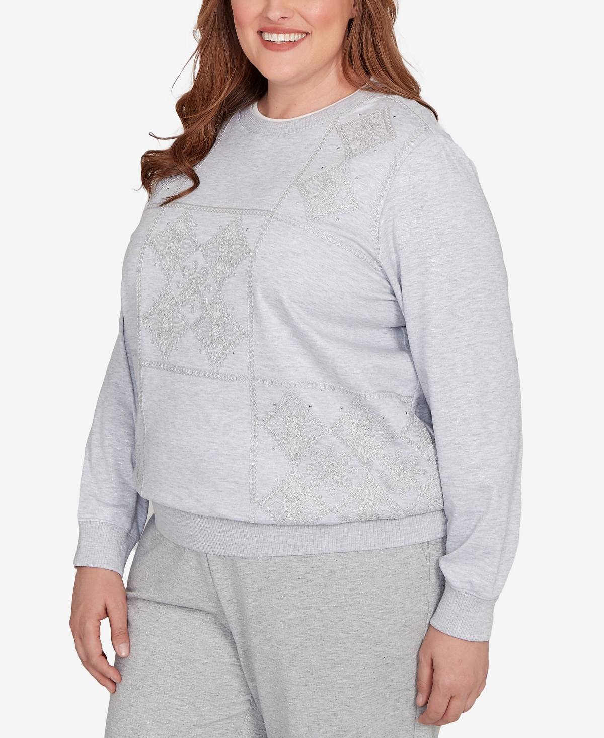 Alfred Dunner Plus Casual Vibe Embroidered Patchwork Long Sleeve Top
