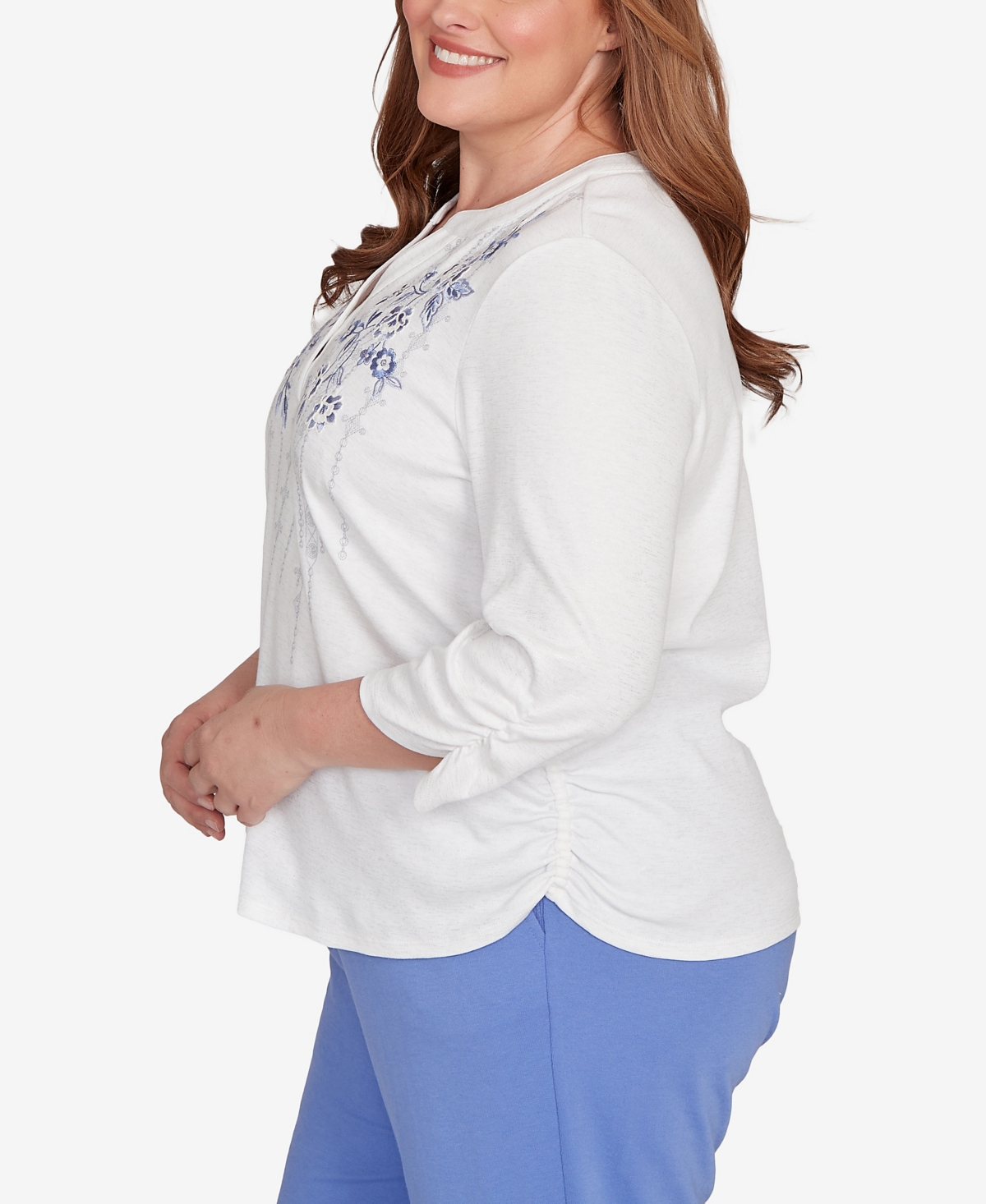 Alfred Dunner Plus Size Casual Vibe Geometric Floral Ruched Henley Top In White