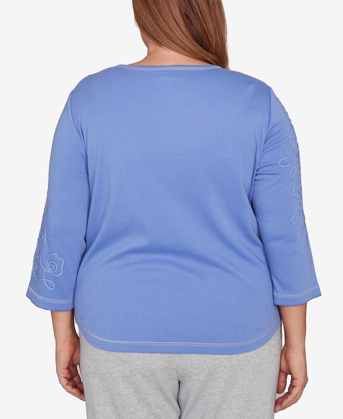 Alfred Dunner Plus Size Casual Vibe Asymmetrical Floral Embroidered Detail Top In Blue