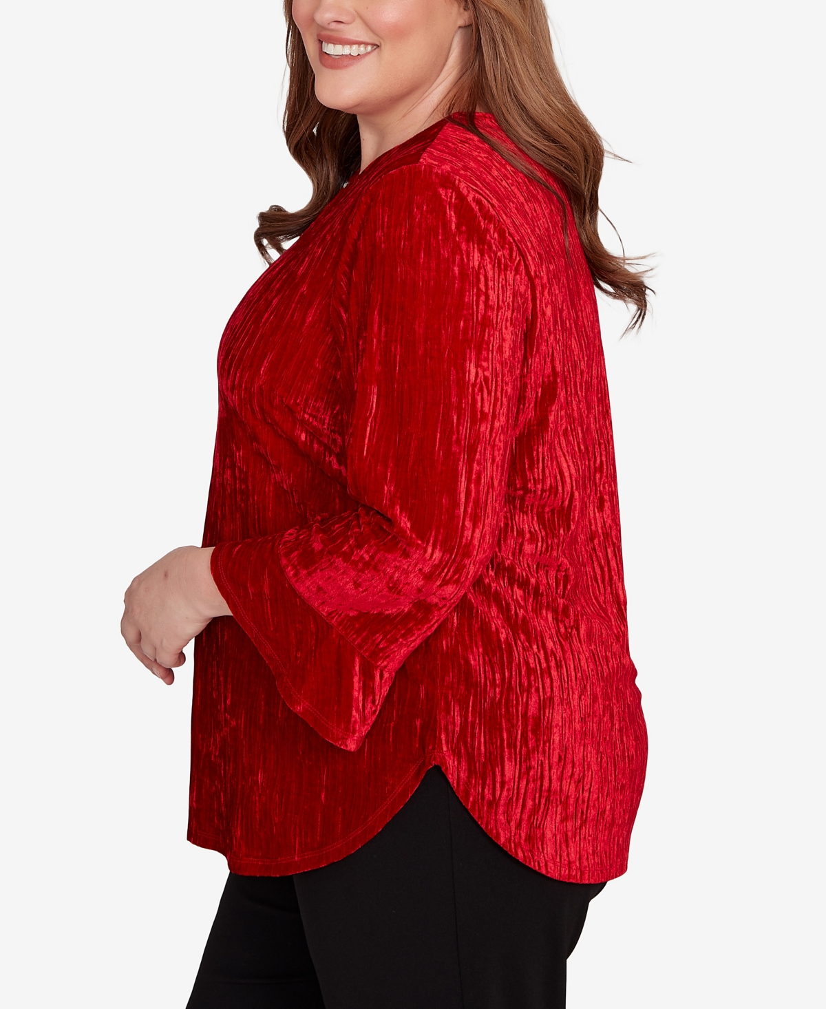 Alfred Dunner Plus Size Jet Setter Crushed Velvet Henley Tie Sleeve Top In Red