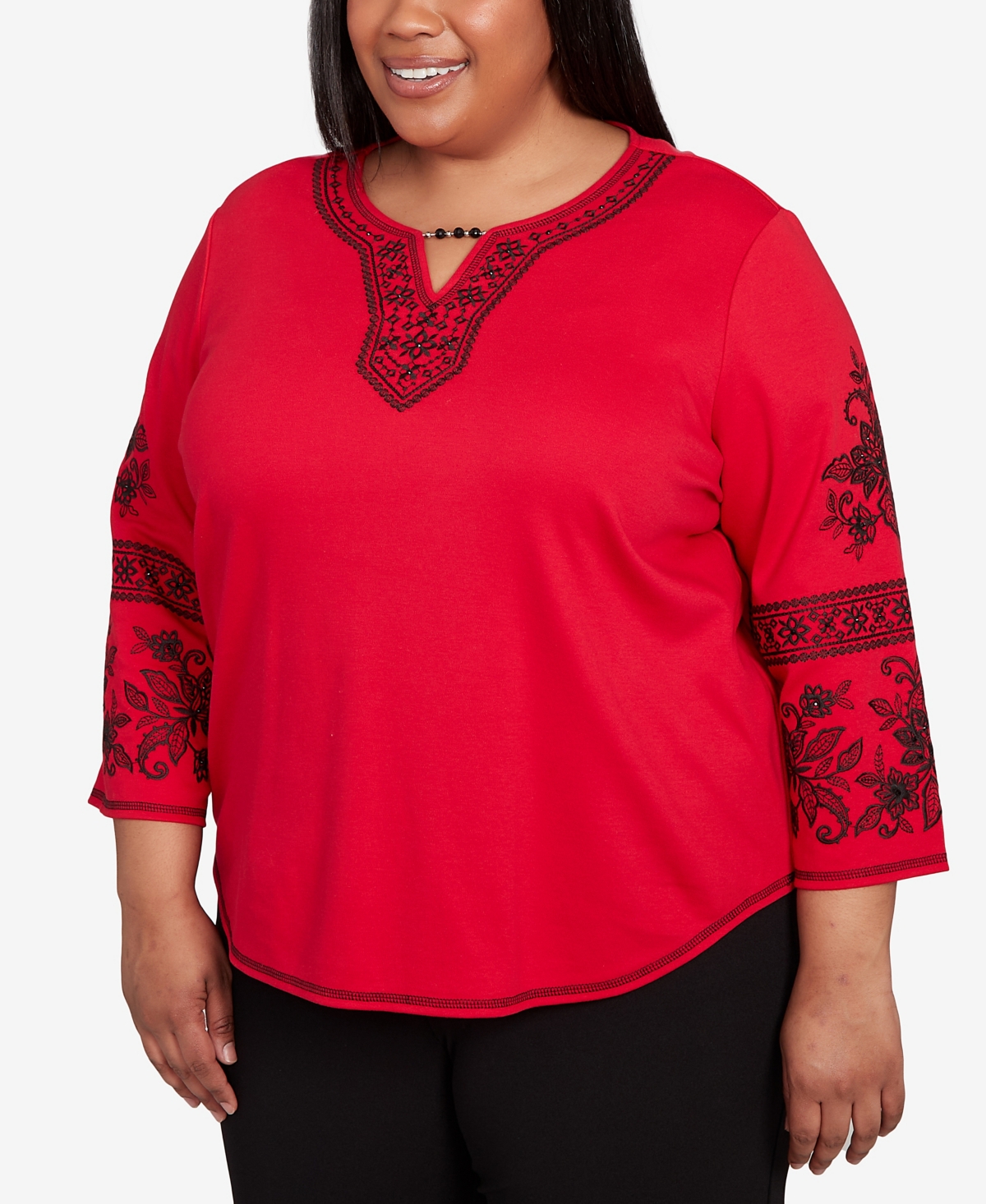 Alfred Dunner Plus Size Jet Setter Knit Embroidered Sleeve Beaded Split Neck Top In Red