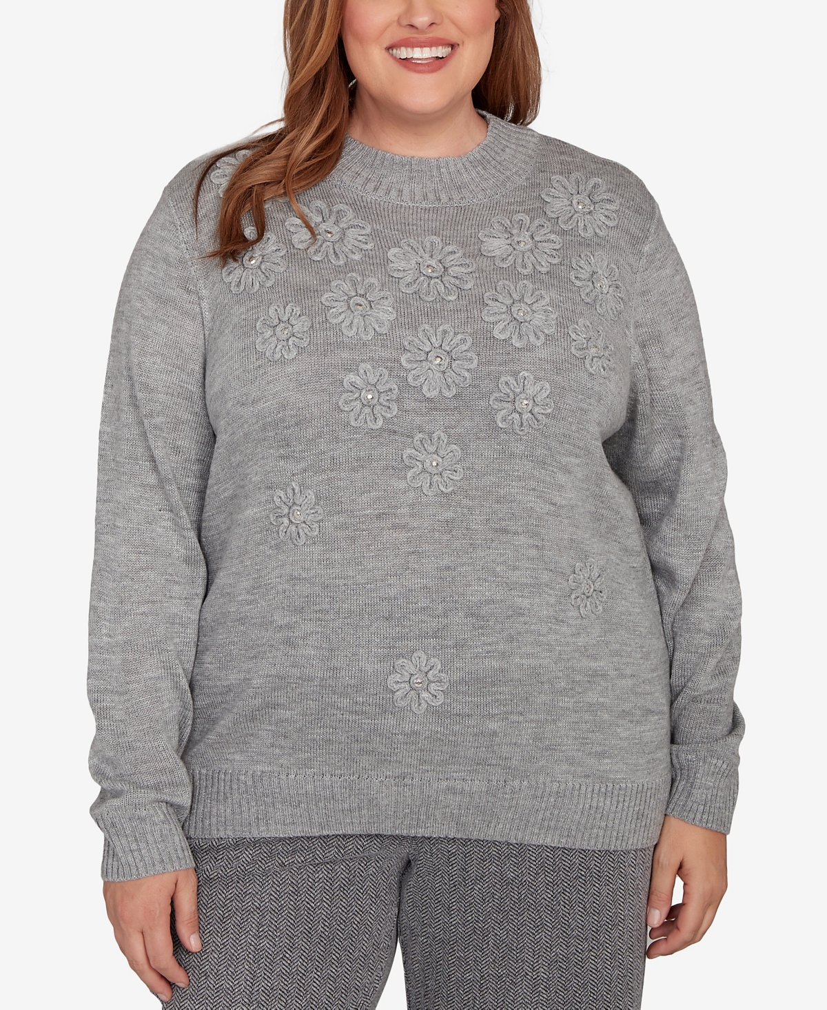 Alfred Dunner Plus Size Jet Setter Floral Soutache Embroidered Sweater In Gray