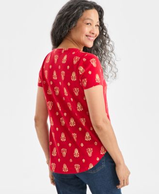 Petite Short Sleeve Holiday Damask Printed T-shirt, Macy's Exclusive