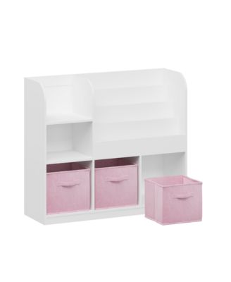 36 in. Wide White/Pink Multifunctional Kids Bookcase and Bookshelf with 3 Collapsible Fabric Drawers Bookcase Display Stand