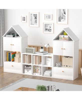 White Wood Children's Bookshelf with House-Shaped Design with Adjustable Placement for Playroom or Bedroom