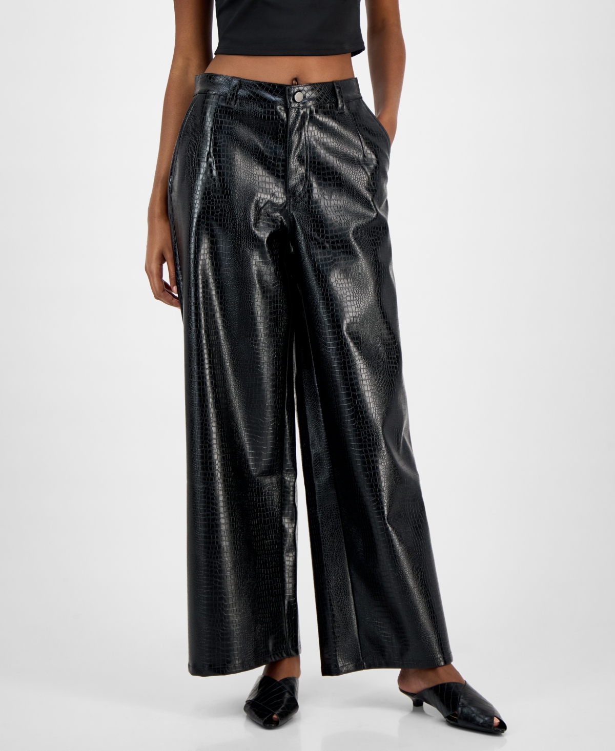 Bar Iii Women's Crocodile-embossed Faux Leather Pants, Macy's Exclusive In Black