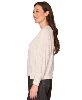 Petite Long Sleeve Mixed-Media Scoop Neck Top