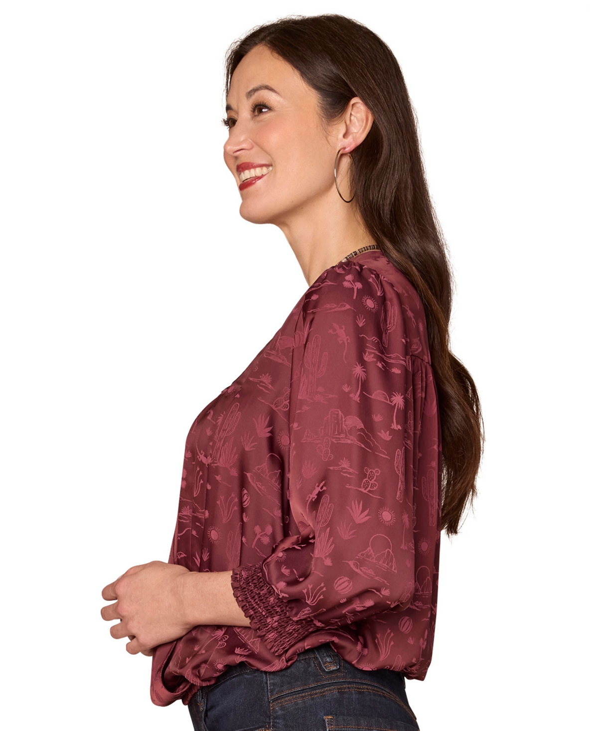 Democracy Petite 3/4 Sleeve Blouson Top In Burgundy