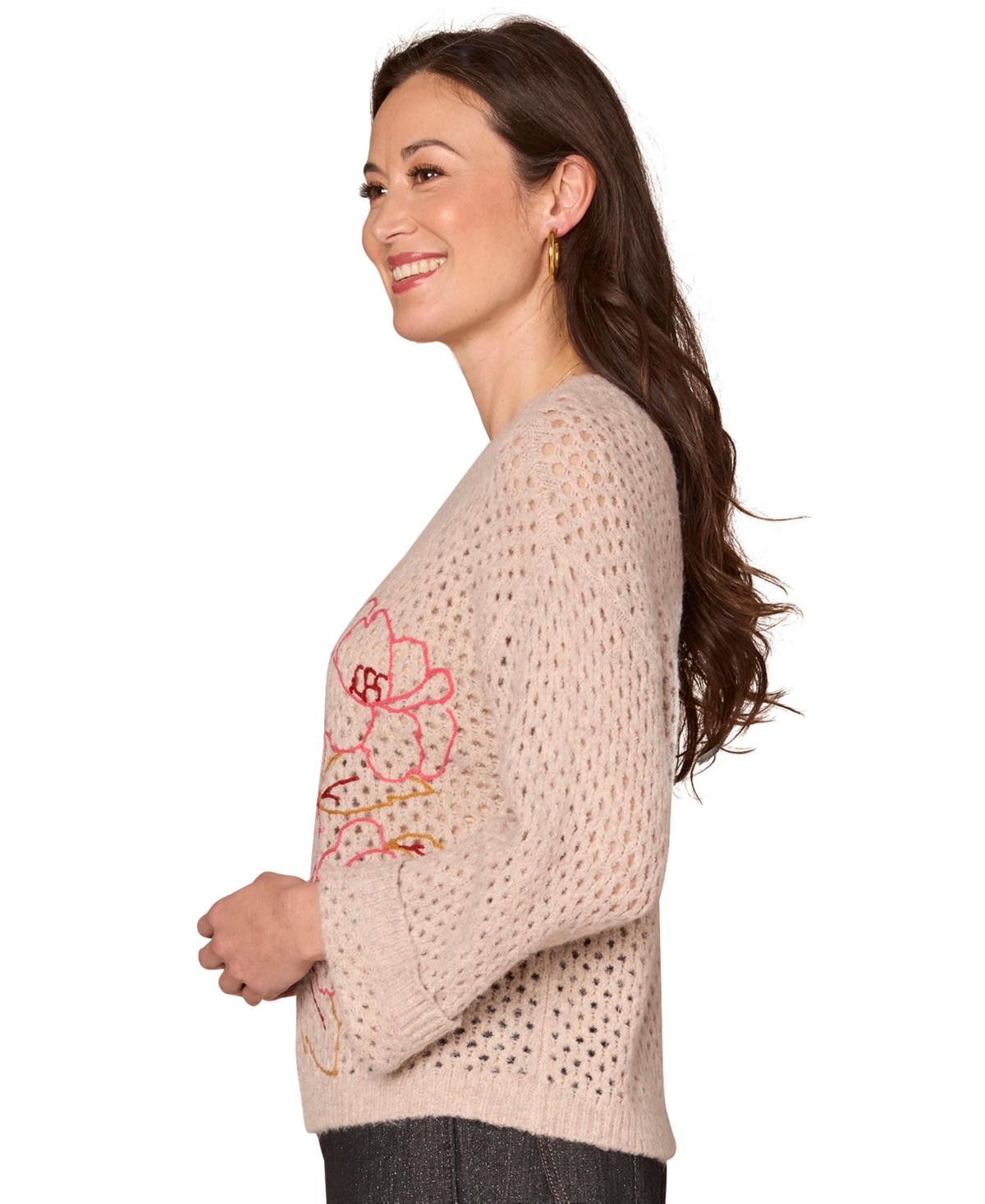 Democracy Petite Floral Round Neck Sweater In Neutral