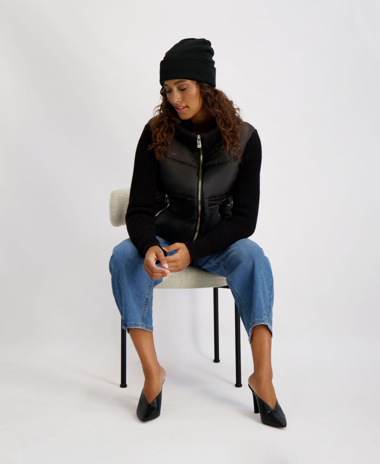 Women's Mixed Media Short Puffer with Knit Sleeves and Collar