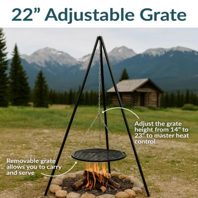 Outdoor Camping or Backyard Steel Tripod Fire Pit Cooking Grilling BBQ Grate - 22&amp;quot; - Black