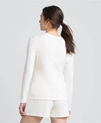 Women's Cozy Brushed Rib 2 Piece Pajama Set - Long Sleeve Top and Shorts