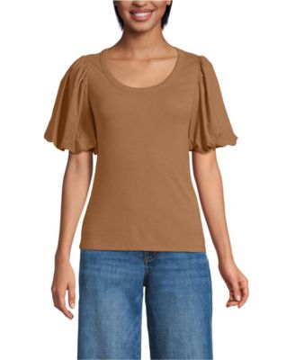 Women's Petite Drapey Rib Puff Sleeve Scoop Neck Top