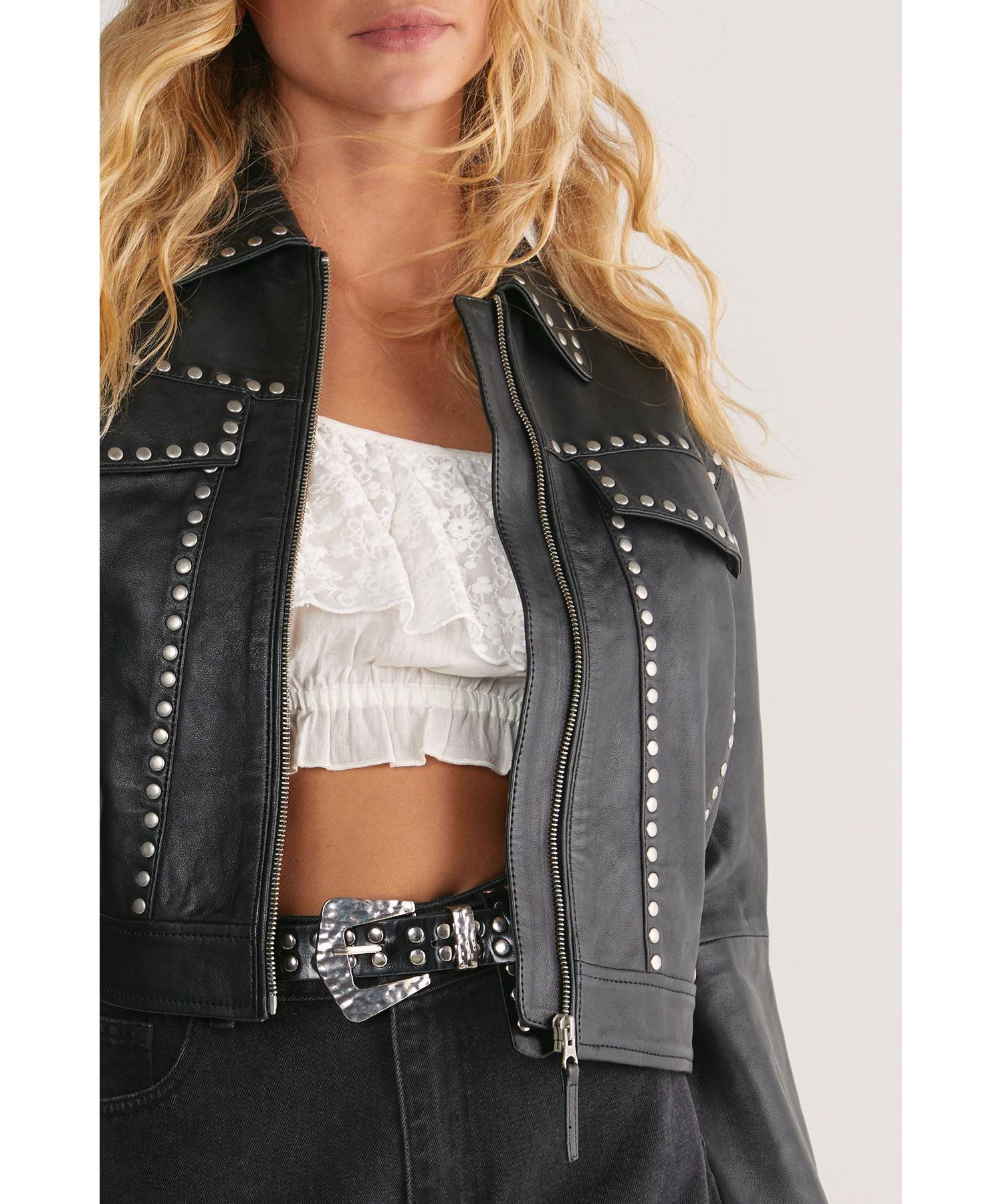 Women's Leather Studded Cropped Jacket