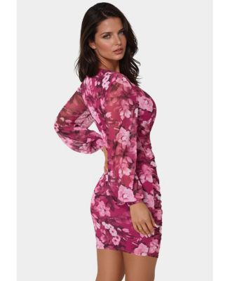 Women's Long Sleeve Faux Wrap Ruched Mini Dress