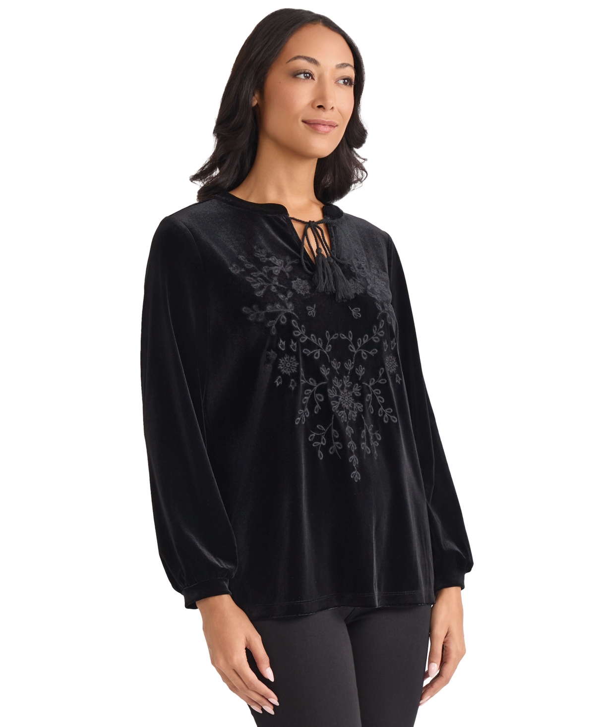 Jones New York Embroidered Split Neck Top In Black