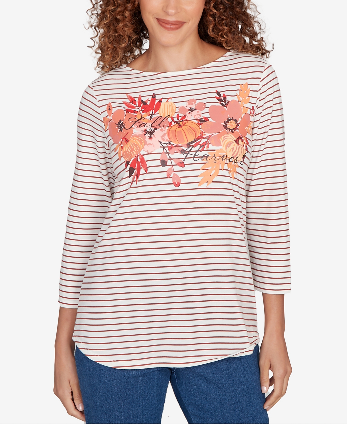 Ruby Rd. Petite Fall Harvest Striped Knit Top In White