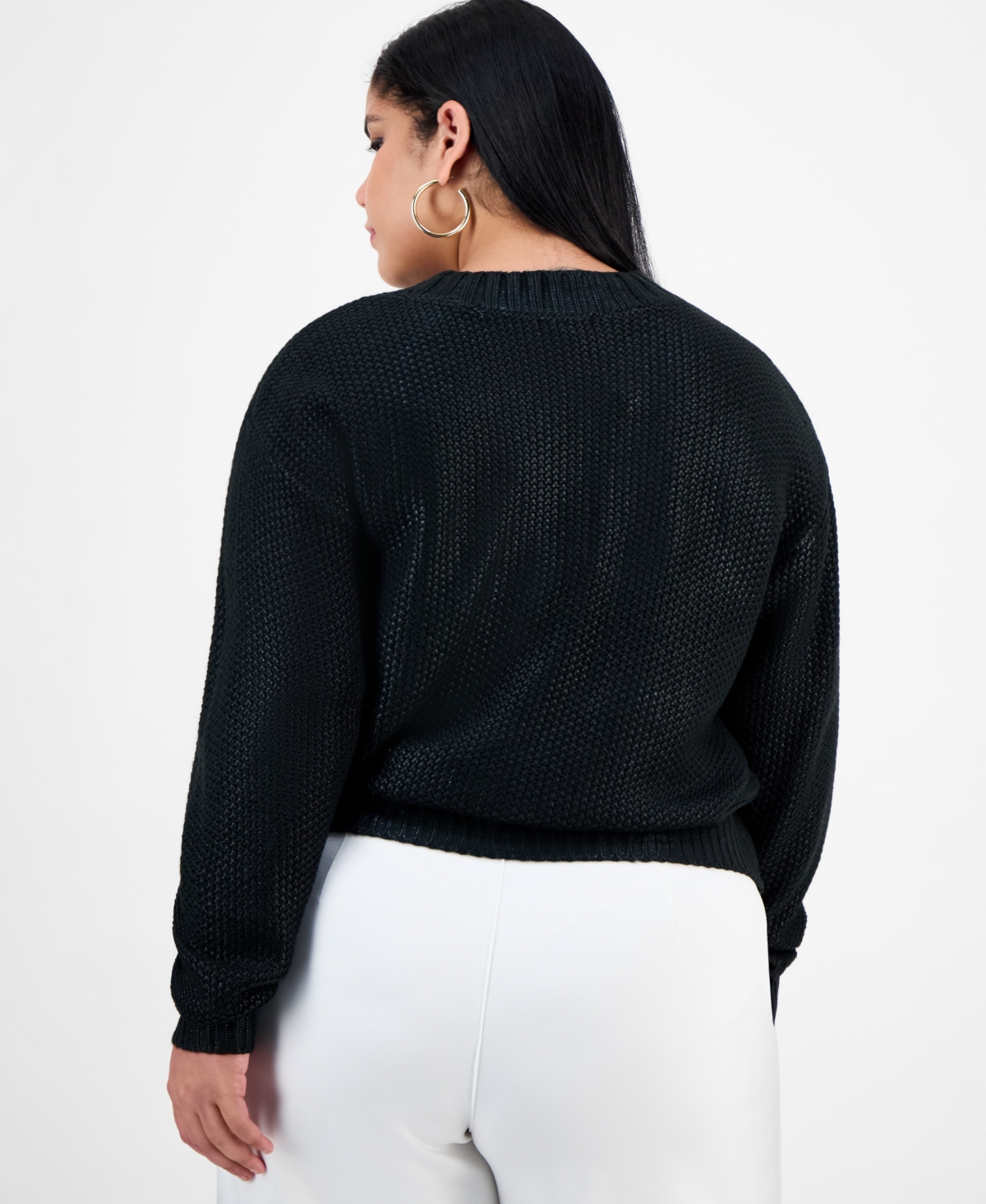 Bar Iii Trendy Plus Foil-Print Drop-Shoulder Crewneck Sweater, Macy's Exclusive