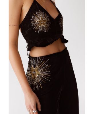 Star Embellished Velvet Flared Pants